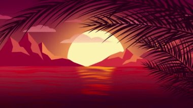 Günbatımında, pürüzsüz bir döngü içinde palmiye ağaçları ve dağlarla deniz manzarası.