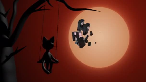 Καλή Halloween Animation Τίτλο Φεγγάρι Και Μαύρη Γάτα — Αρχείο Βίντεο