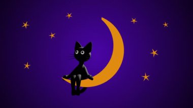 Aydaki kara kedi, karanlık gökyüzünün ve yıldızların arka planında, kusursuz bir döngü üzerinde çizgi film animasyonu.