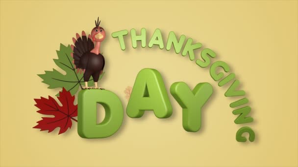 感恩节贺卡 3D动画与火鸡和秋天的叶子 — 图库视频影像
