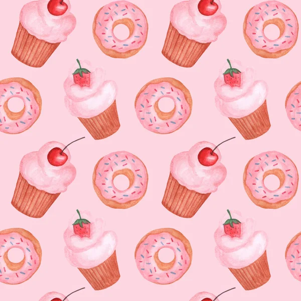 Delicious Watercolor Seamless Pattern Cupcakes Donuts Pink Background Menu Postcards — Stock Photo, Image