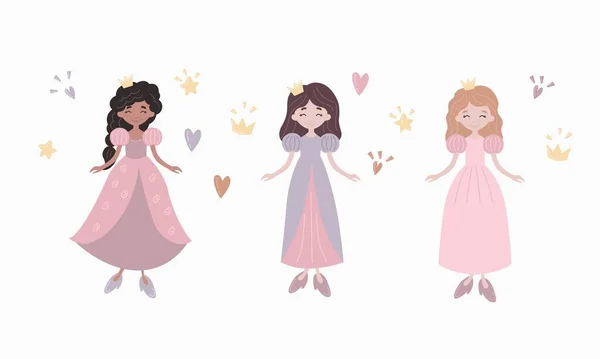 Three Beautiful Little Princesses White Background Fairy Tale — Stock Vector