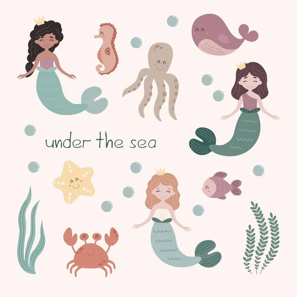Unter Dem Meer Unterwasserwelt Sammlung Nixen Kinder Illustration — Stockvektor