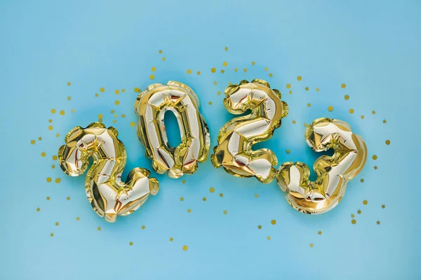 Gelukkig Nieuwjaar Kerstvakantie Concept 2023 Gouden Ballonnen Met Glittersterren Blauwe Stockfoto
