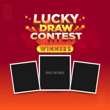 Lucky Draw Yarışması Galipleri, Sosyal Medya Posta Tasarım İllüstrasyonu Katmanı. Kazanmak, Ödüller, bağışlama yarışması, pazarlama