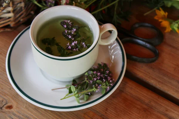 stock image A white cup of thyme tea on the wooden table. 