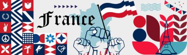 Fransa ulusal bayrak tasarımı. Paris Eyfel Kulesi 'nin arka plan kırmızı ve mavi renkli Fransız bayrağı ve harita teması. La France Başkanlık Seçimleri. Seyahat Vektörü