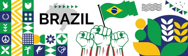 ブラジル地図を作成し 拳を上げました ブラジルのお祝いのためのナショナルデーまたは独立した日のデザイン 抽象的なアイコンを持つモダンなレトロデザイン ベクターイラスト — ストックベクタ