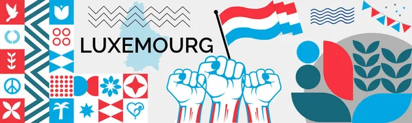 Luxemourg Landkarte Und Erhobene Fäuste Nationalfeiertag Oder Unabhängigkeitstag Design Für — Stockvektor