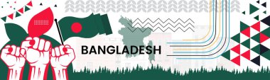 BANGLADESH Haritası ve yumruklar havada. BANGLADESH kutlamaları için Ulusal Gün ya da Bağımsızlık Günü tasarımı. Soyut simgelerle modern retro tasarım. Vektör illüstrasyonu.
