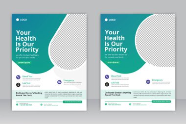 Bir rapor ve tıbbi broşür tasarımı, broşür tasarımı, broşür, basım ve sunum vektörü için sağlık hizmeti kapsamı a4 şablon tasarımı ve düz simgeler.