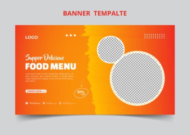 Restoran yemekleri menüsü sosyal medya pazarlama web pankartı. Pizza, hamburger veya çevrimiçi tanıtım videosu. Fast food web sitesi geçmişi. Logosu ve iş simgesi olan yemek broşürü.