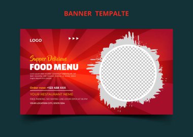 Restoran yemekleri menüsü sosyal medya pazarlama web pankartı. Pizza, hamburger veya çevrimiçi tanıtım videosu. Fast food web sitesi geçmişi. Logosu ve iş simgesi olan yemek broşürü.