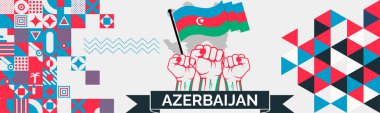 AZERBAIJAN Haritası ve yumruklar havada. AZERBAIJAN kutlamaları için Ulusal Gün ya da Bağımsızlık Günü tasarımı. Soyut simgelerle modern retro tasarım. Vektör illüstrasyonu.