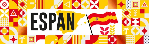 スペインの国民の日のバナーデザイン スペイン語のフラグと背景とマップのテーマ テンプレートベクトルスペインフラグ現代的なデザイン 要旨赤と青の黄色の幾何学的レトロな形 スペイン語北欧ベクトルイラスト — ストックベクタ