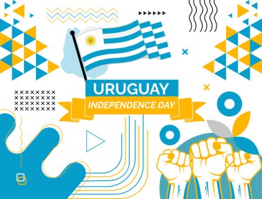 URUGUAY Haritası ve yumruklar havada. URUGUAY kutlaması için Ulusal Gün veya Bağımsızlık Günü tasarımı. Soyut simgelerle modern retro tasarım. Vektör illüstrasyonu.
