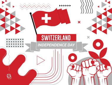 SWitzERLAND Haritası ve yumruklar. SWitness ZERLAND kutlamaları için Ulusal Gün ya da Bağımsızlık Günü tasarımı. Soyut simgelerle modern retro tasarım. Vektör illüstrasyonu.