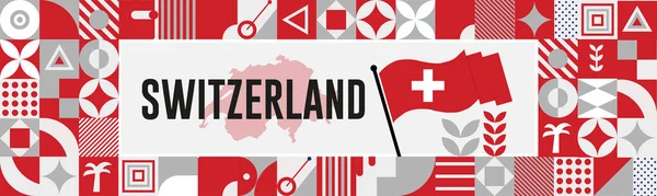 SWitzERLAND Haritası ve yumruklar. SWitness ZERLAND kutlamaları için Ulusal Gün ya da Bağımsızlık Günü tasarımı. Soyut simgelerle modern retro tasarım. Vektör illüstrasyonu.