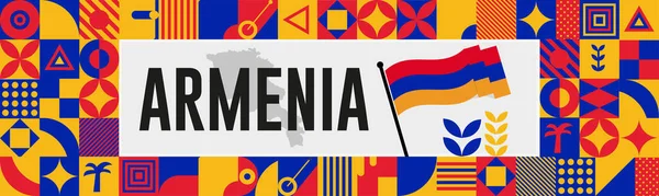 Armenien Nationalfeiertagsbanner Mit Landkarte Flaggenfarben Themenhintergrund Und Geometrischen Abstrakten Retro — Stockvektor