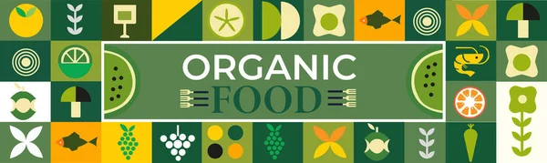 Banner Mit Bio Lebensmitteln Flachen Stil Obst Und Getreide Abstrakte — Stockvektor