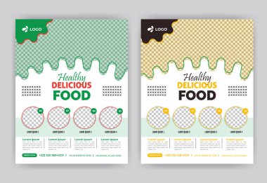 Fast food restoranı Flyer ve soyut arka plan, logo ve ikona sahip web pankartı tasarımı. Taze pizza, hamburger ve makarna çevrimiçi tanıtım broşürü veya poster broşürü.