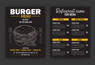 Burger Restoran Menü Düzeni Restoran Kafe menü şablonu tasarımı ile karatahta arka plan çizimi