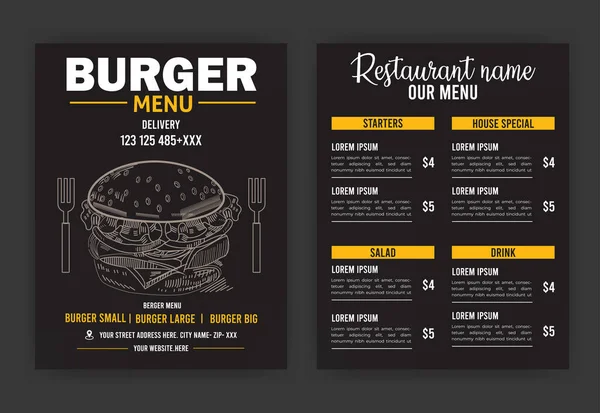 Burger Restaurant Menu Layout Con Ristorante Cafe Menu Template Design — Vettoriale Stock