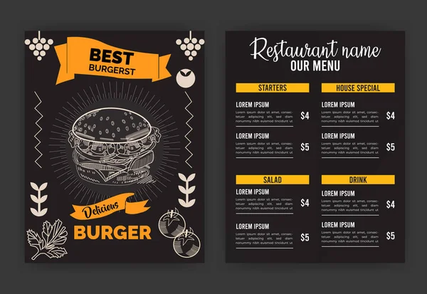 Burger Restaurant Menu Layout Com Design Modelo Menu Café Restaurante — Vetor de Stock