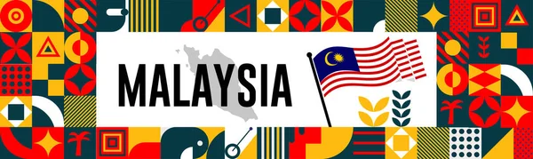 Malaysia Nationalfeiertagsbanner Mit Landkarte Flaggenfarben Themenhintergrund Und Geometrischen Abstrakten Retro — Stockvektor