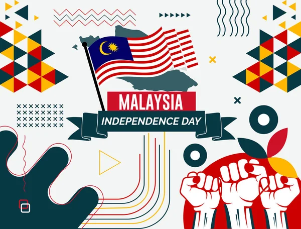 Malaysia Nationalfeiertagsbanner Mit Landkarte Flaggenfarben Themenhintergrund Und Geometrischen Abstrakten Retro — Stockvektor