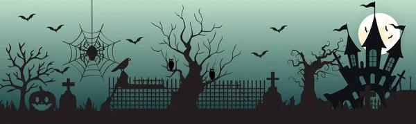 Halloween City Panorama Halloween Spookachtig Oud Gotisch Kasteel Mistige Nacht — Stockvector
