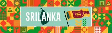 Harita, bayrak rengi tema arkaplan ve geometrik soyut retro modern Colfull tasarımı ile Sri lanka ulusal günlük afişi. soyut modern tasarım.