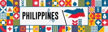 Filipinler haritası ve yumruklar. PHILIPPINES kutlaması için Ulusal Gün ya da Bağımsızlık Günü tasarımı. Soyut simgelerle modern retro tasarım. Vektör illüstrasyonu.