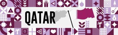 Haritalı Katar ulusal bayrağı, bayrak renkleri tema arkaplanı ve kaldırılmış elleri veya yumrukları olan geometrik soyut modern renk tasarımı.