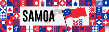 Haritalı SAMOA ulusal günlük afişi, bayrak renkleri teması arka plan ve geometrik soyut soyut modern renk tasarımı kaldırılmış eller veya yumruklar ile.
