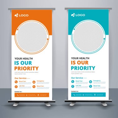Hastane doktoru diş sağlığı kliniği için modern sağlık ve tıbbi katlama tasarımı. sergi, baskı, sunum, zarif düzen için ayakta pankart şablonu dekorasyonu.