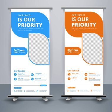 Hastane doktoru diş sağlığı kliniği için modern sağlık ve tıbbi katlama tasarımı. sergi, baskı, sunum, zarif düzen için ayakta pankart şablonu dekorasyonu.