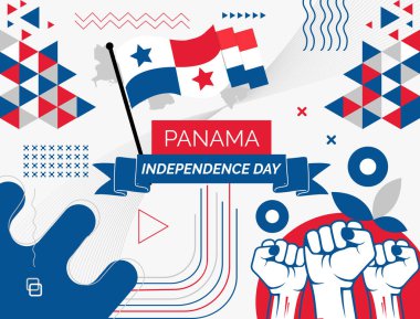 Panama haritası ve yumruklar. Ulusal Gün veya PANAMA kutlaması için Bağımsızlık Günü tasarımı. Soyut simgelerle modern retro tasarım. Vektör illüstrasyonu.