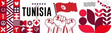 Haritalı TUNISIA ulusal günlük pankartı, bayrak renkleri tema arkaplanı ve geometrik soyut soyut modern renk tasarımı kaldırılmış eller veya yumruklar ile.