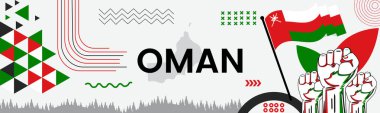 Haritalı Umman ulusal bayrağı, bayrak renkleri tema zemin ve geometrik soyut soyut modern renk tasarımı kaldırılmış eller veya yumruklar ile.