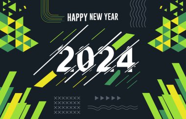 Modern hat yazısı ve koyu arkaplan tarzına sahip yeni yıl vektör illüstrasyon metin tasarımı kompozisyonu mutlu yıllar 2024.