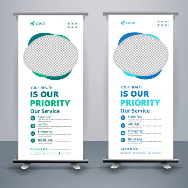 Hastane doktoru diş sağlığı kliniği için modern sağlık ve tıbbi katlama tasarımı. sergi, baskı, sunum, zarif düzen için ayakta pankart şablonu dekorasyonu.