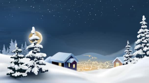 森の中のかわいい村に雪が降っている 冬の雪はアニメーションの木の風景を覆いました — ストック動画