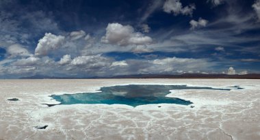 Doğal tuz düzlüğü. Salinas Grandes, Jujuy, Arjantin 'de mavi gökyüzünün altındaki turkuaz tuz gölü ve tarlası manzarası. 