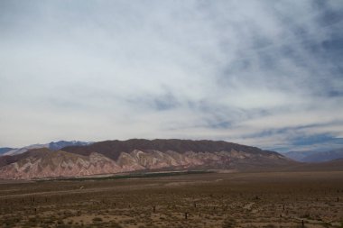 Ölüm vadisi. Kurak çöl manzarası, kum, renkli tepeler ve güzel bir gökyüzünün altındaki bitki örtüsü..