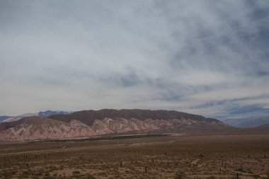 Çöl manzarası. Ufuktaki kurak toprak, vadi, bitki ve dağlara bak..