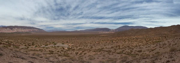 Elhagyott Táj Panoráma Kilátás Száraz Sivatag Homok Növényzet Hegyek Láthatáron — Stock Fotó