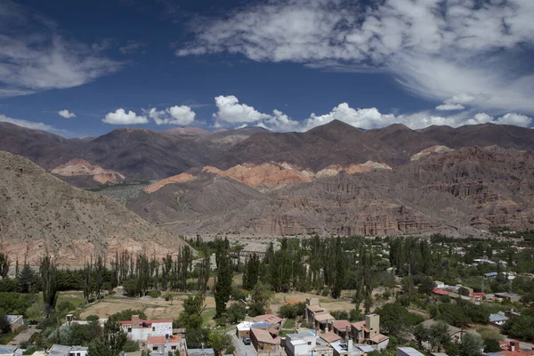 stock image Geology. The valley and colorful mountains. Aerial view of the landmark Hornocal, its colors, texture and valley, under a beautiful sky.