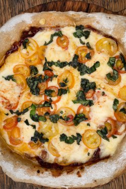 Mozarella peynirli, sarımsaklı ve vişneli domatesli pizzanın yakın görüntüsü.. 