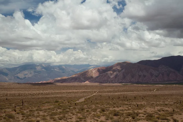 stock image Arid landscape. View of the desert and rock mountains under a cloudy sky. The dirt road across the land. 